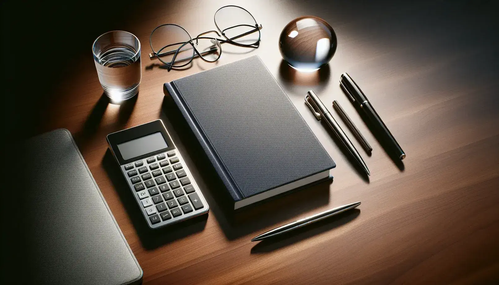 Flat lay of an organized office desk with an open blank textbook, modern calculator, crystal paperweight, silver-framed glasses, and a stainless steel pen on mahogany wood.