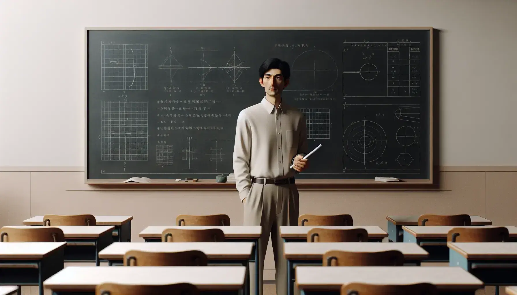 South Asian teacher stands before a blank blackboard with chalk in hand, ready to teach in an empty classroom with desks, an open textbook, and natural light.