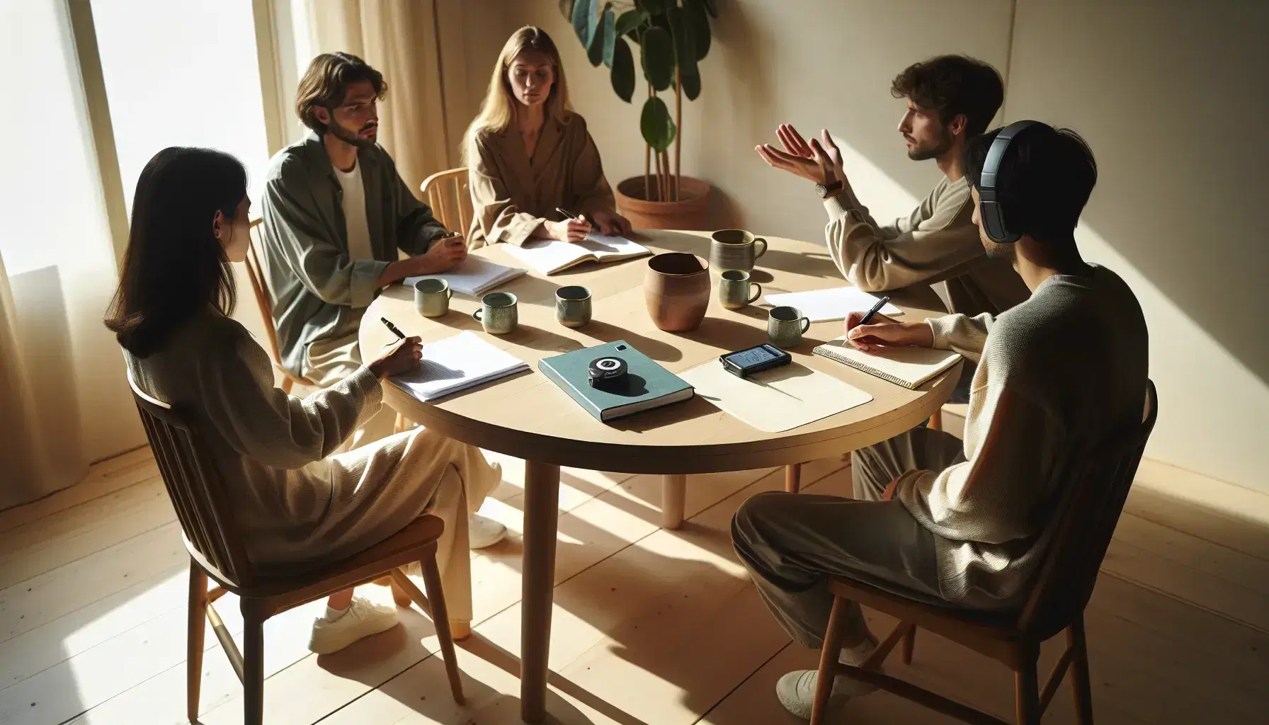 Grupo de cinco personas en reunión de trabajo alrededor de una mesa redonda de madera, tomando notas y grabando la conversación, con tazas de café y luz natural.