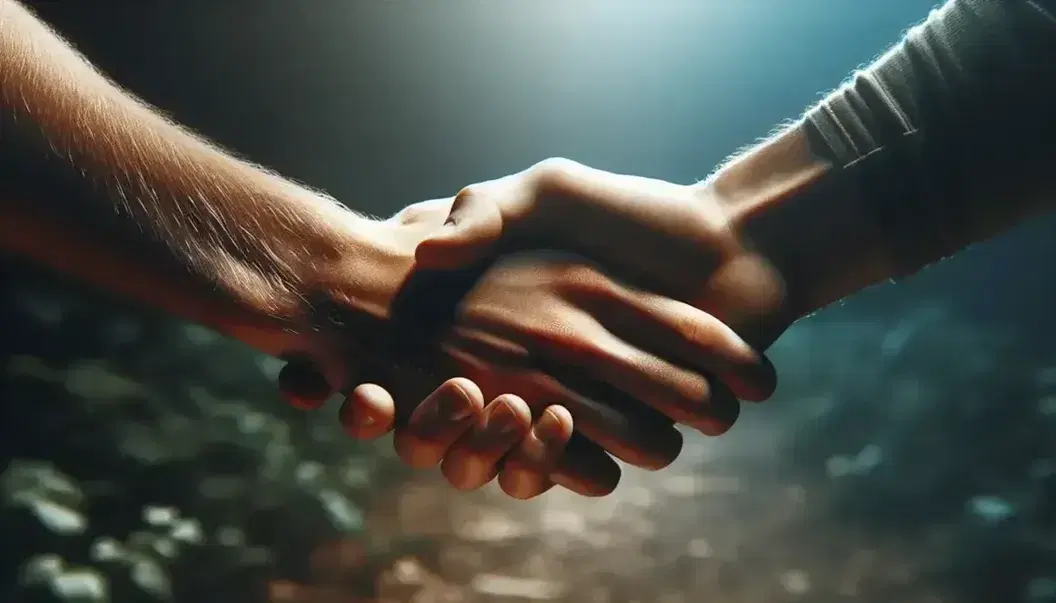 Due mani si stringono in un gesto di saluto, con tonalità di pelle diverse che suggeriscono diversità etnica, su sfondo sfocato verde e blu.
