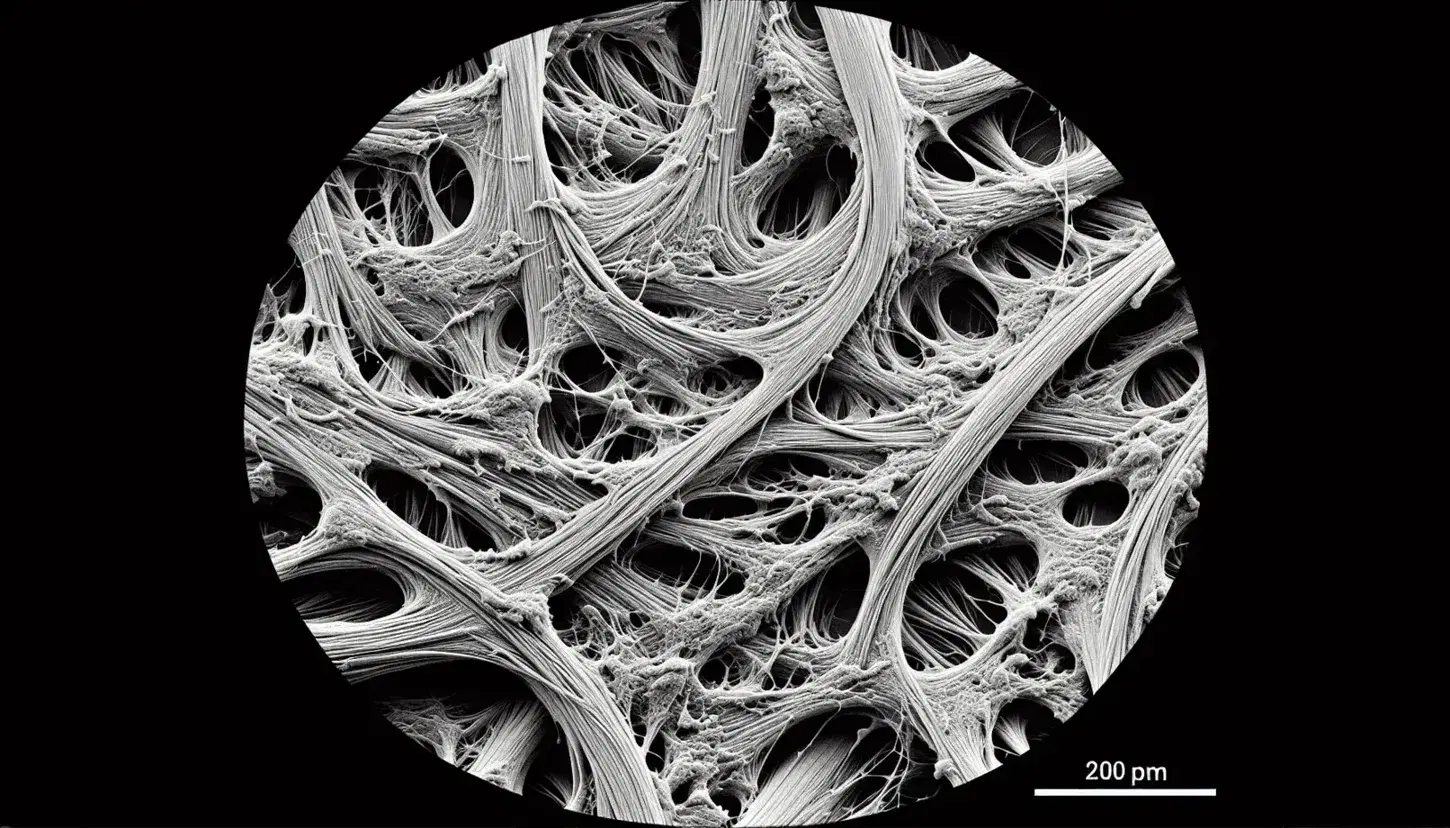 Microscopio elettronico mostra tessuto connettivo con fibre intrecciate in rete complessa, in bianco e nero, senza testo.