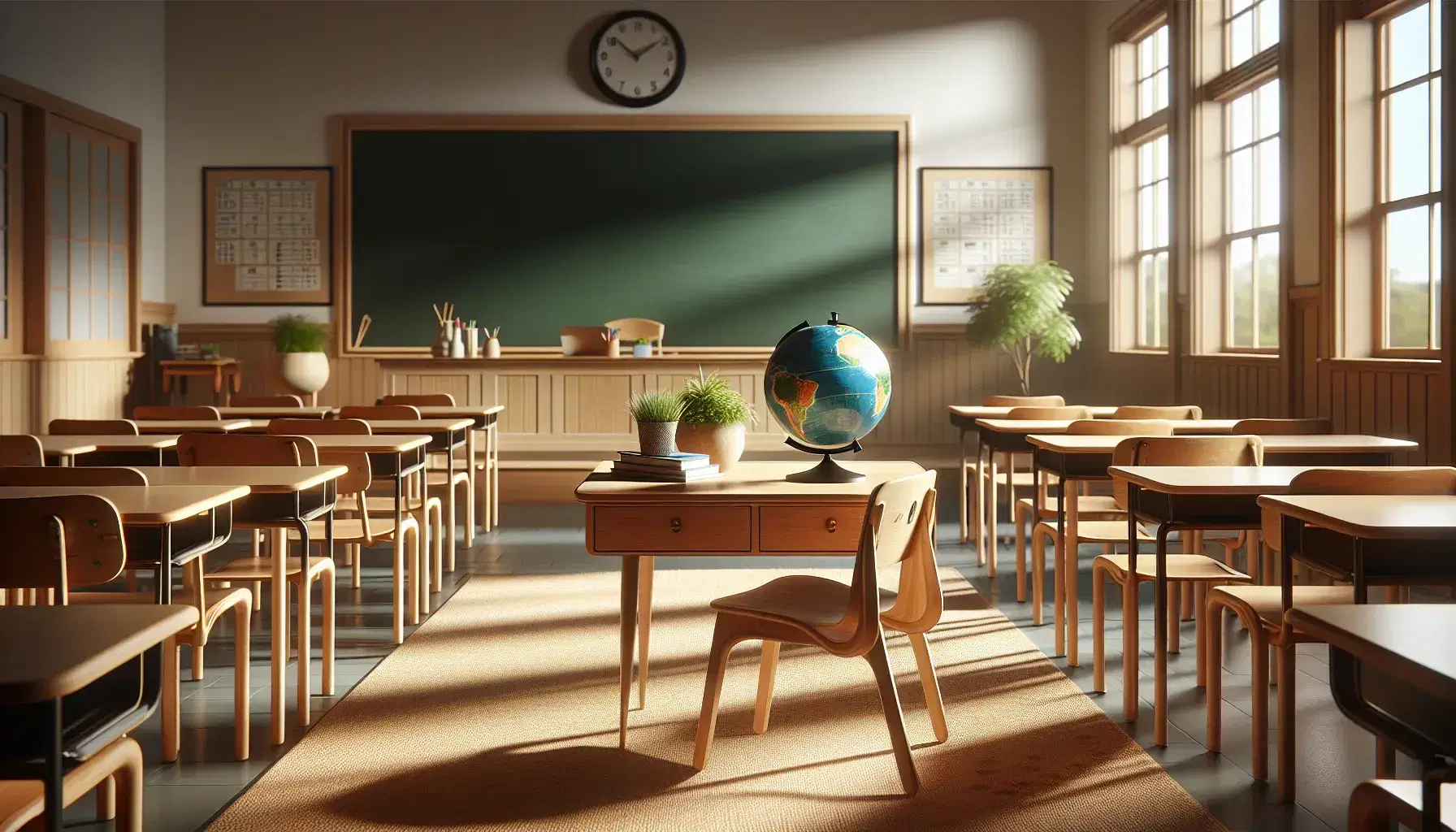 Aula escolar vacía con pizarra verde, mesa con globo terráqueo, silla, planta y reloj en pared, iluminada por luz natural.