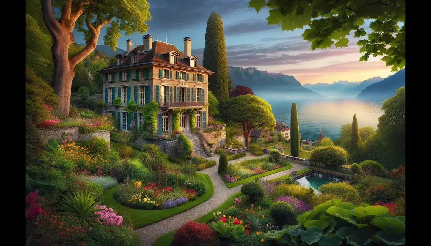 Serene Villa Diodati landscape with lush garden, classical architecture, and calm Lake Geneva under a gradient sunset sky, evoking tranquility.