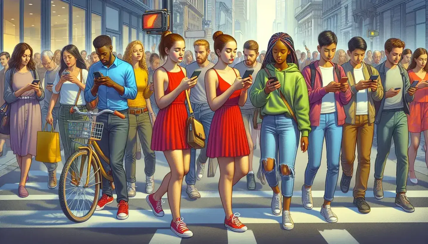 Diverse pedestrians engrossed in smartphones on a sunny city street, with a woman in red and a man in a blue suit in the foreground.