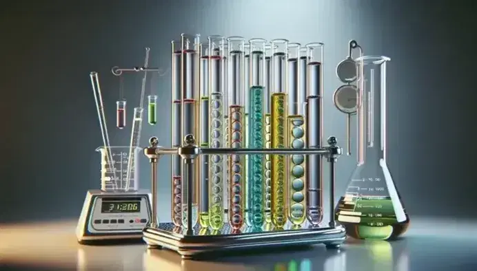 Tubos de ensayo con líquidos de colores en soporte metálico, balanza analítica y material de vidrio con líquidos en laboratorio.