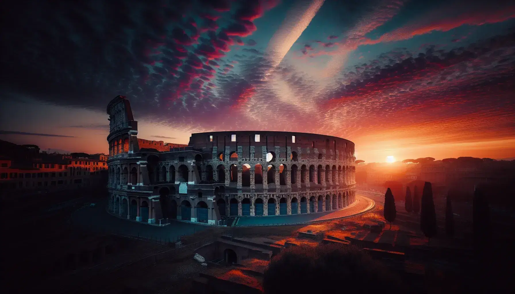 Colosseo al tramonto con cielo sfumato da blu a rosso-arancio, silhouette dell'anfiteatro in evidenza e vegetazione circostante.