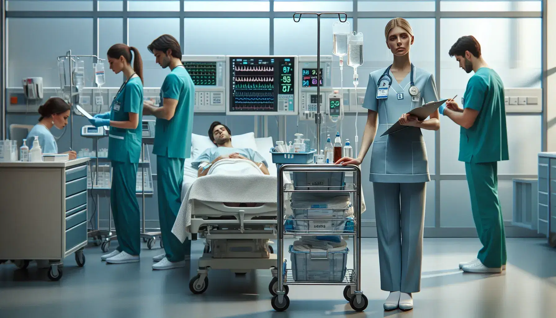 Enfermera ajustando suero a paciente en cama de hospital, con carro de instrumentos médicos al lado y otro enfermero anotando datos en el fondo.
