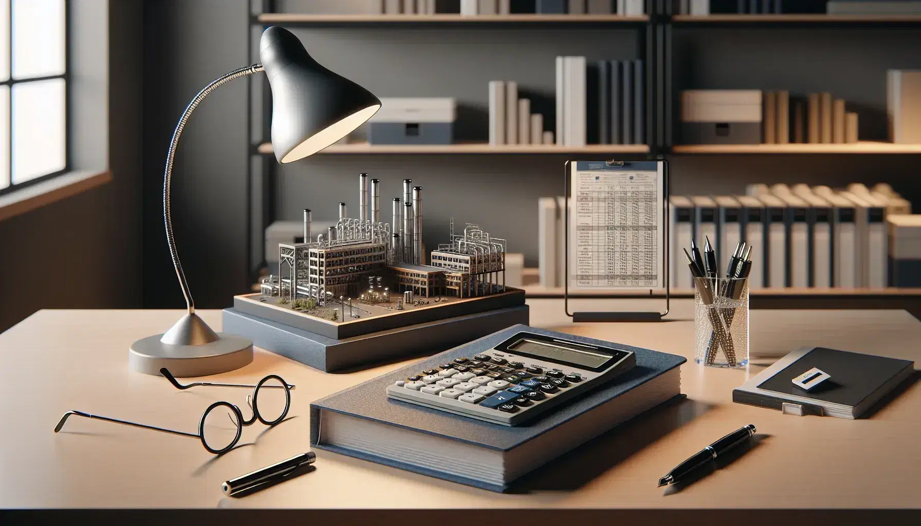 Scrivania in legno chiaro con calcolatrice grigia, libro contabile blu, modello di edificio industriale, lampada da tavolo, occhiali e penna stilografica nera.