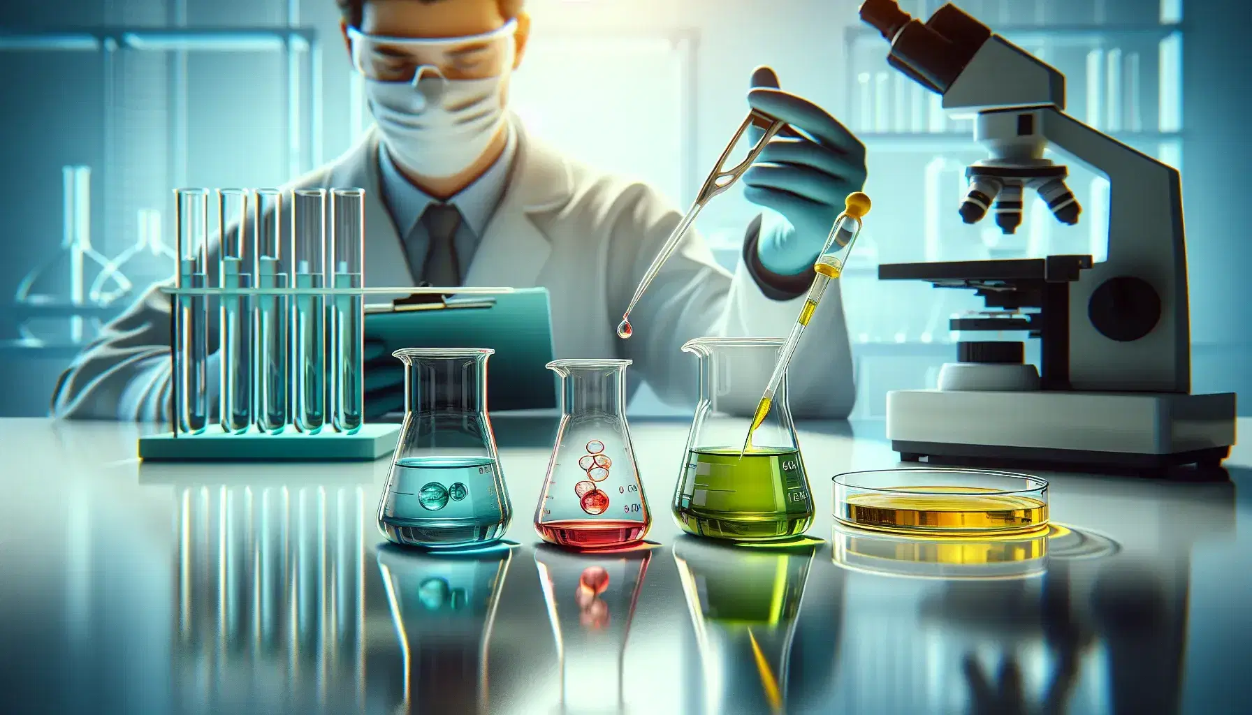 Science laboratory with technician, colorful beakers and pipette dripping yellow liquid into a petri dish, screens with graphs in the background.