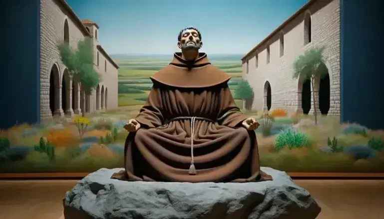 San Francesco d'Assisi in meditazione, seduto su un masso, con abito marrone e corda annodata, in un paesaggio sereno con chiesa e natura.
