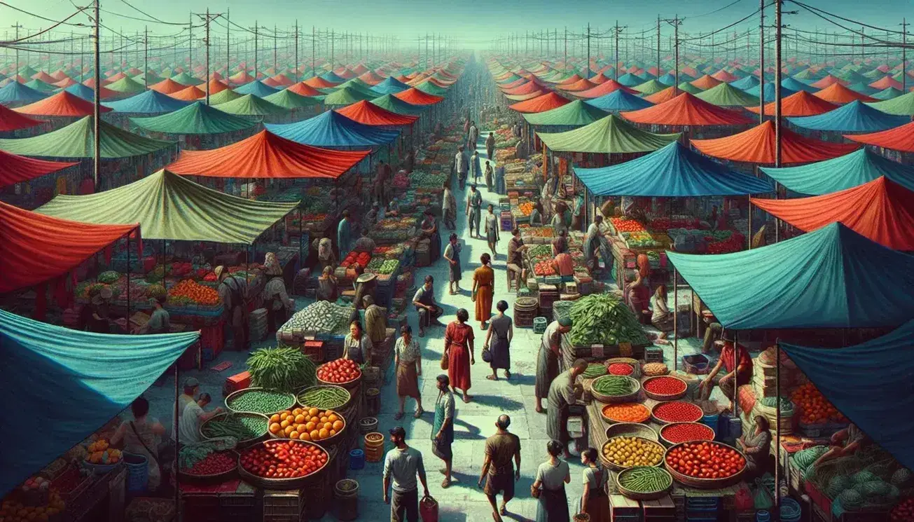 Mercado al aire libre con puestos de frutas y verduras frescas bajo toldos coloridos y clientes interactuando con vendedores en un día soleado.