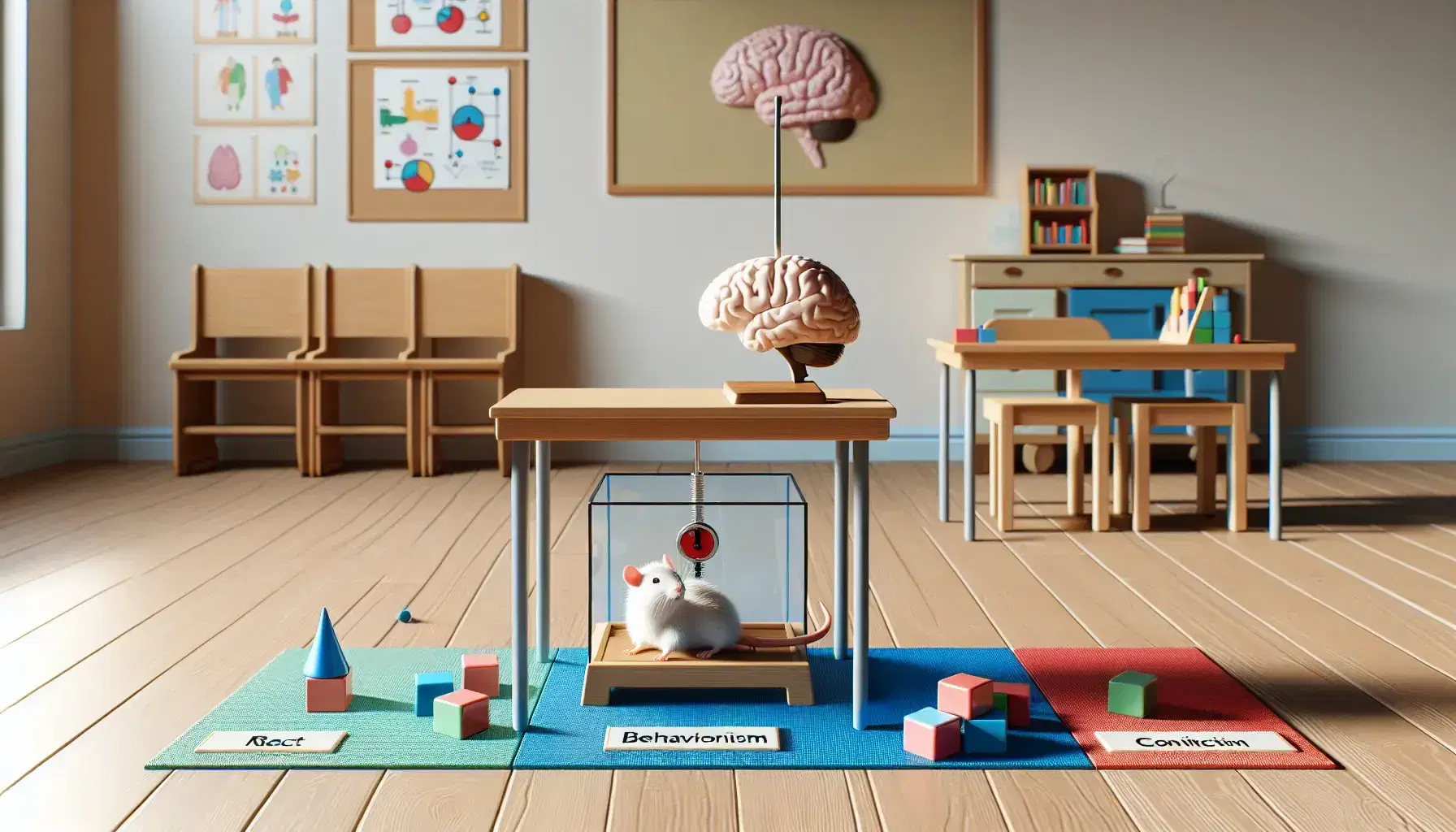 Classroom with three teaching areas: desk with Skinner box and white rat, human brain model on table, colored blocks on blue carpet with childish hands.