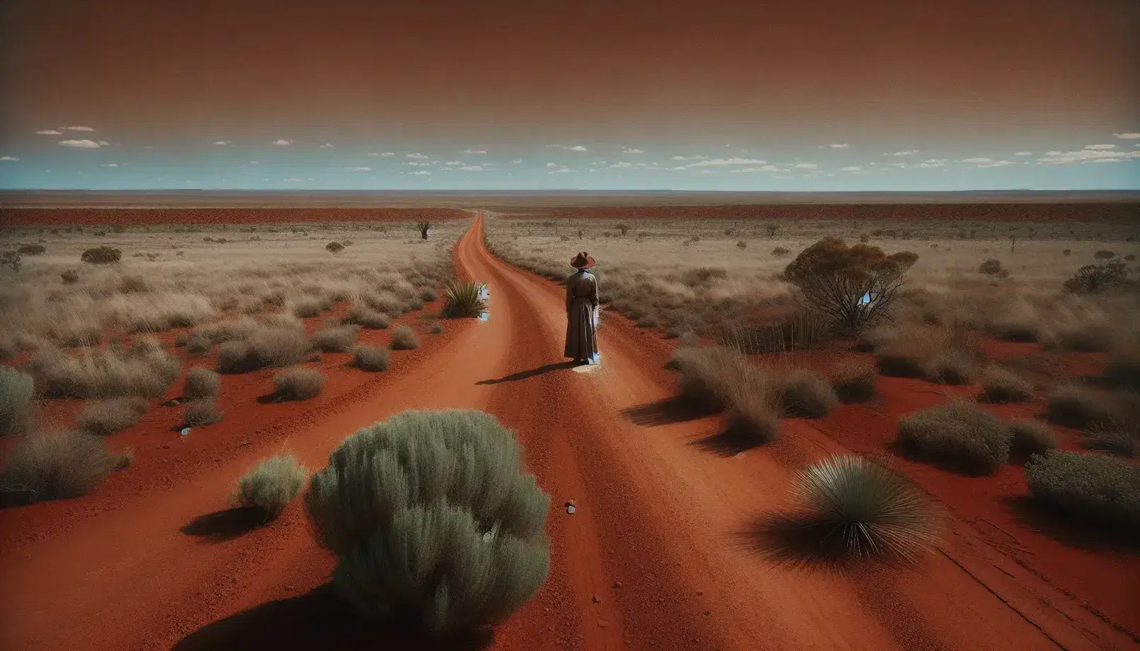 Vast arid landscape with a red dirt road winding into the horizon, a woman in earth tones stands by, under a clear blue sky with distant hills.