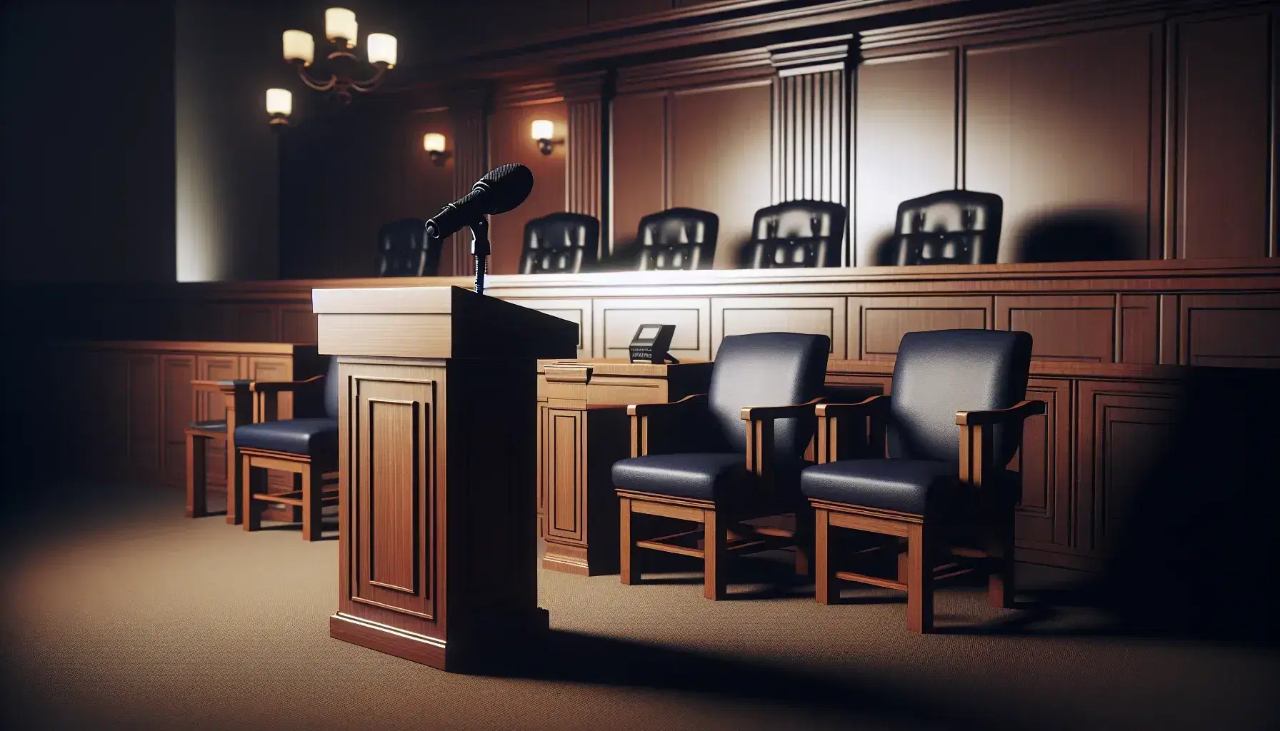 Courtroom with empty witness stand and microphone, judge's desk, jury box with blue chairs and lawyers' tables with documents.