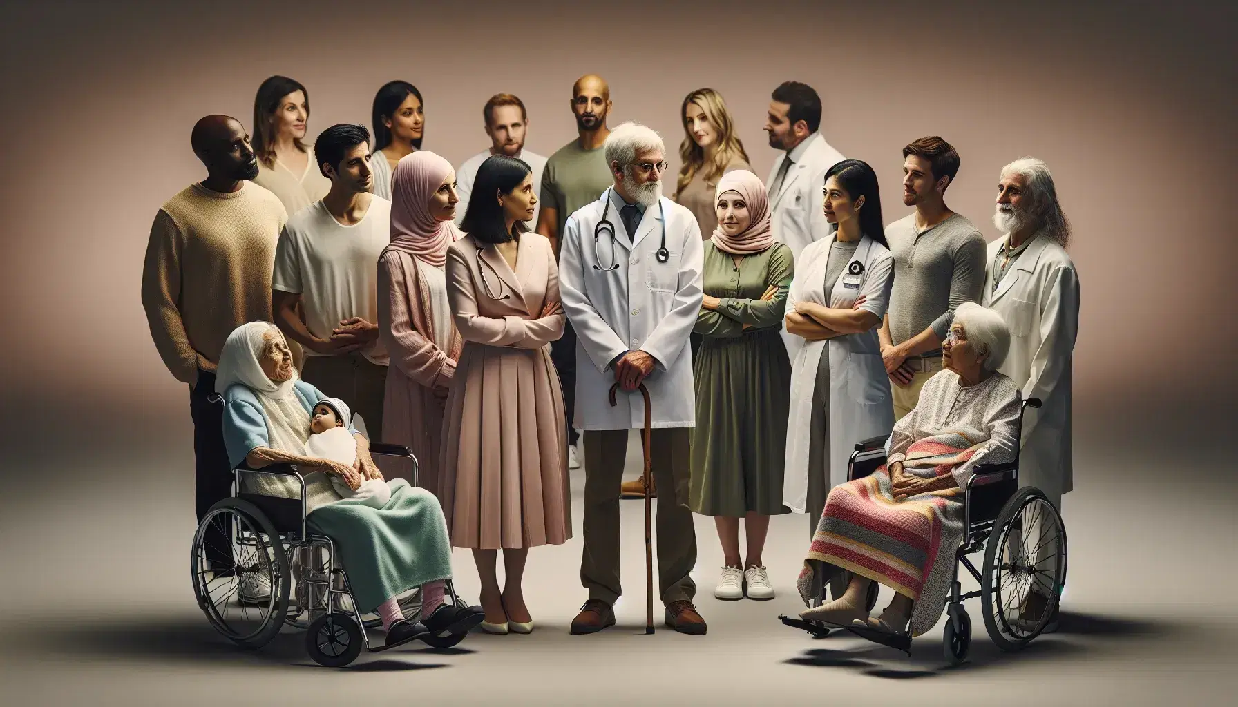 Grupo diverso con personas de distintas edades y etnias, incluyendo un anciano apoyado en un bastón y un profesional de la salud asiático, junto a una mujer joven con un bebé y un hombre en silla de ruedas.