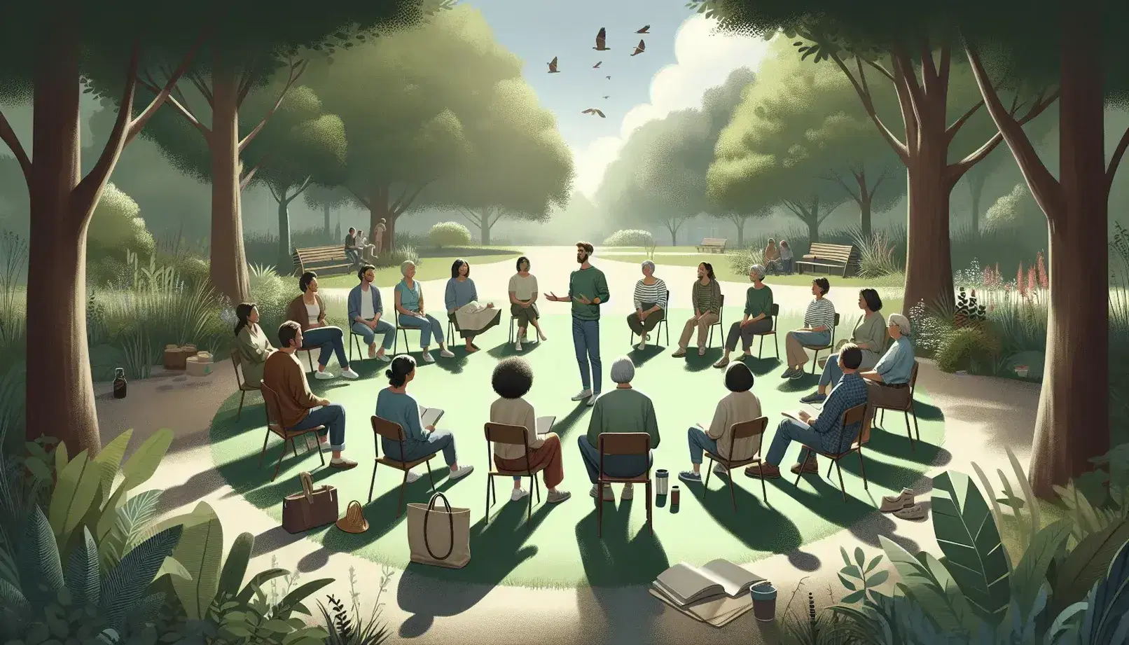 Grupo diverso de adultos participando en un taller al aire libre en un parque, con un facilitador de pie en el centro, rodeados de vegetación en un día soleado.