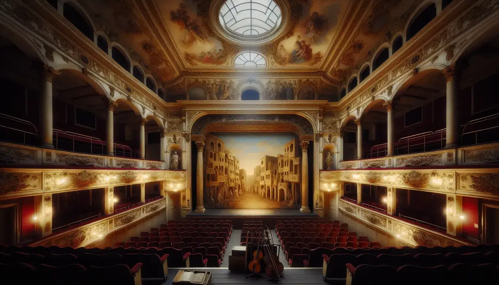 Teatro antico con sedute rosse in velluto, stucchi dorati e affreschi neoclassici, palcoscenico con scenografia orientale e strumenti musicali.