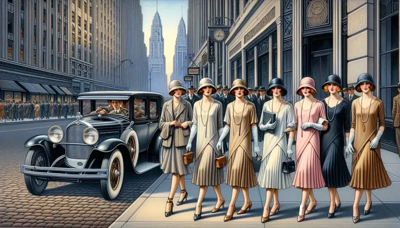 1920s city scene with women in flapper dresses and cloche hats, guy in knickerbocker, vintage cars and Art Deco buildings.