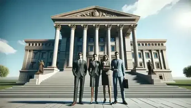 Grupo de tres profesionales con trajes formales y documentos frente a edificio clásico con columnas, bajo cielo azul despejado.