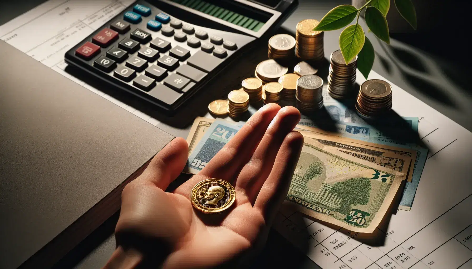 Mano sujetando moneda dorada sobre fondo de calculadora y dinero desordenado con hojas verdes en la composición.