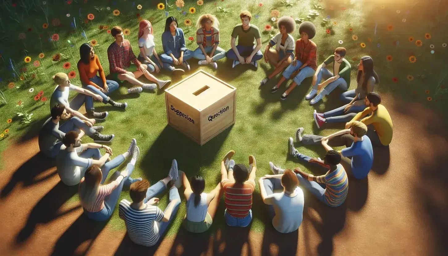 Grupo diverso de jóvenes sentados en círculo sobre césped con caja de sugerencias en el centro, dialogando en un entorno natural soleado.