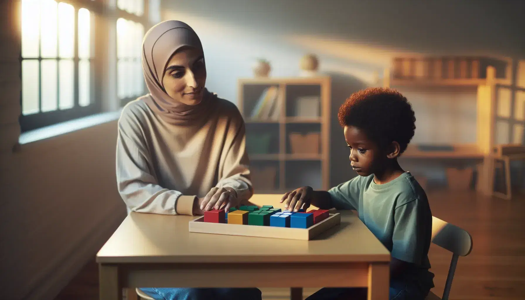 Therapy session with Middle Eastern educator and 7 year old African boy sorting colored blocks onto a tray during an educational session.
