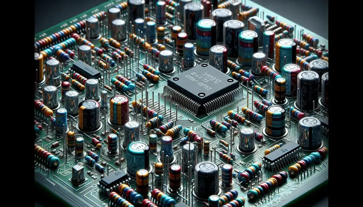 Close-up of an electronic board with components such as colored resistors, capacitors and integrated circuits on green PCB.