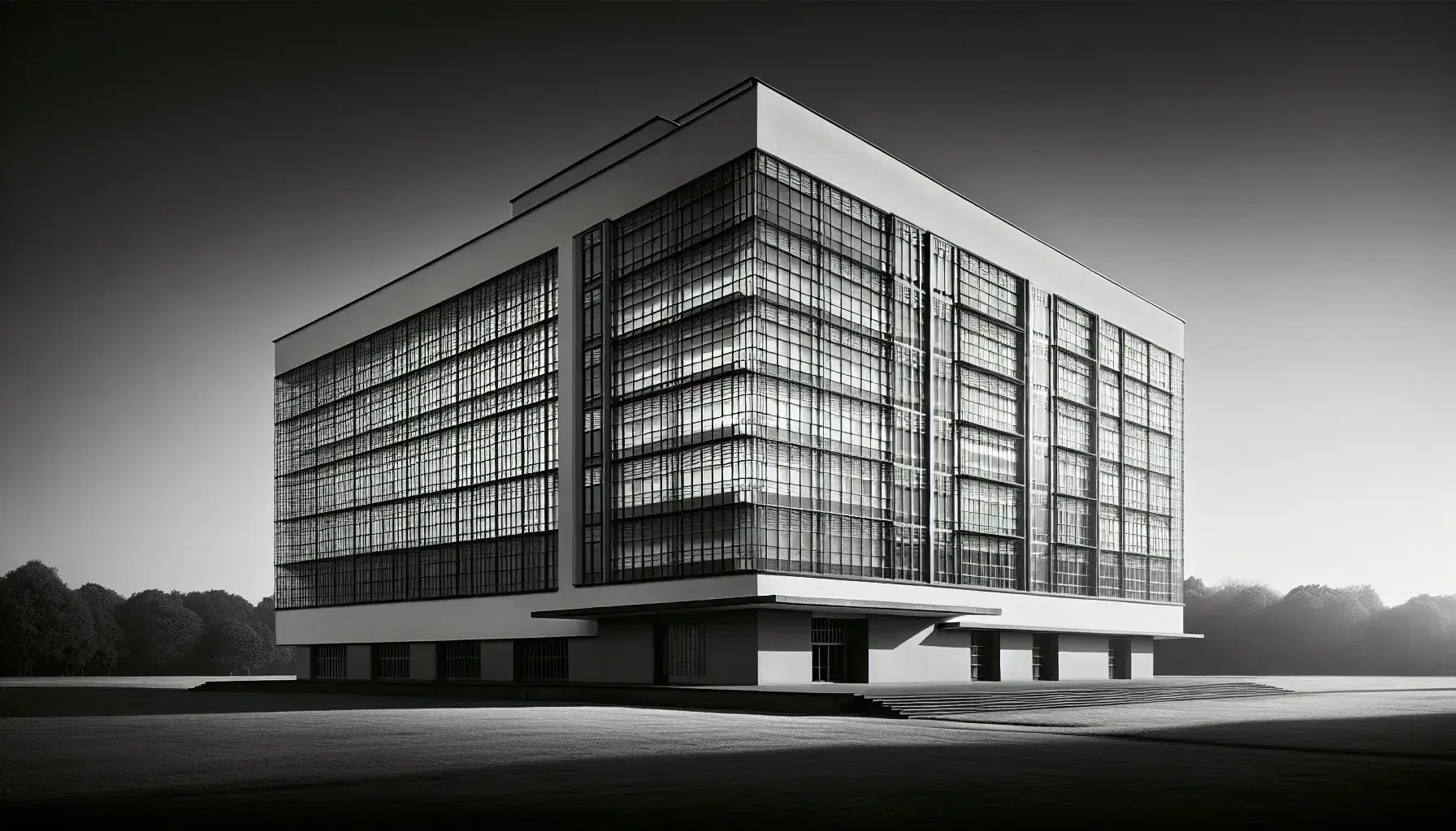 Edificio Bauhaus a Dessau in bianco e nero, con facciata vetrata simmetrica, torre laterale e tettoia sporgente, circondato da prato.