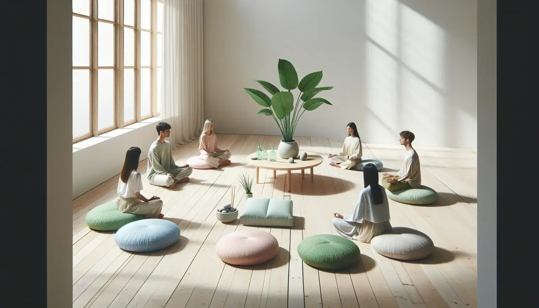 Grupo de cinco personas meditando en círculo sobre cojines coloridos, con una planta y objetos de relajación en el centro, en un espacio luminoso.