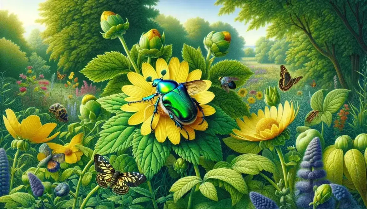Cetonia verde luccicante su fiore giallo, con insetti tra piante e luce solare in giardino rigoglioso.