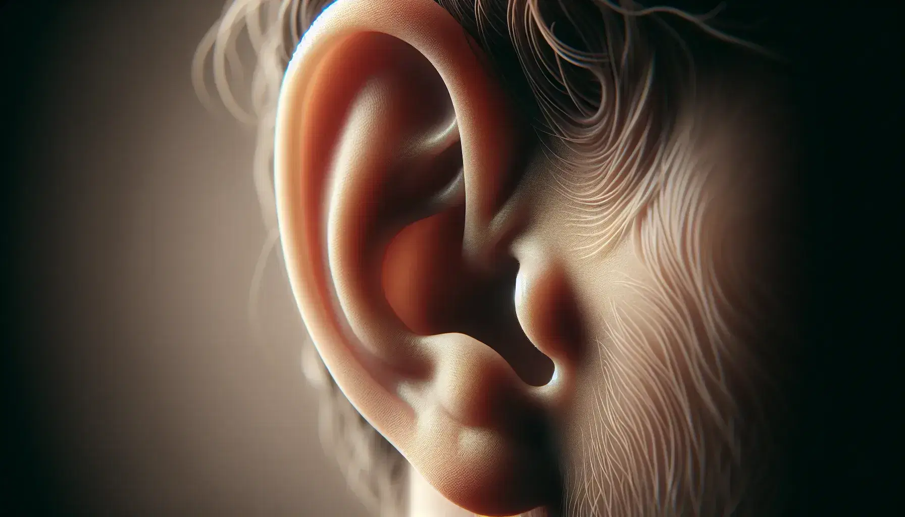 Close-up view of a human ear showcasing the pinna with its folds and ridges against a soft-focus background, highlighting the natural skin tones.