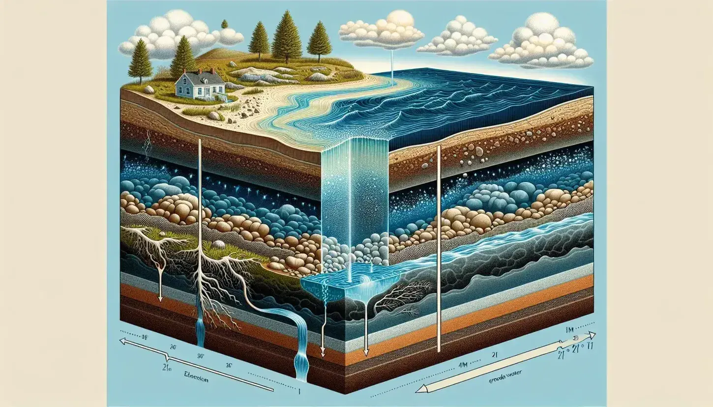Sezione trasversale costiera che mostra strati di suolo e rocce, mare con gradazioni di blu, cielo azzurro con nuvole e ciclo idrico con fiume e sorgente.