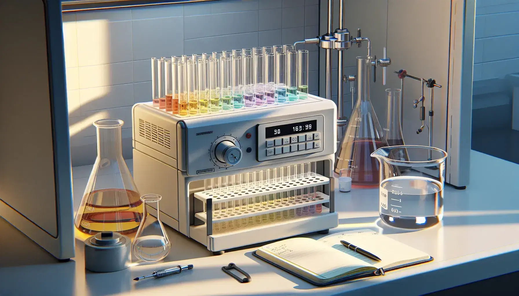 Laboratory with digital spectrophotometer, test tubes with colored solutions, beaker, glass rod and notebook with pen.