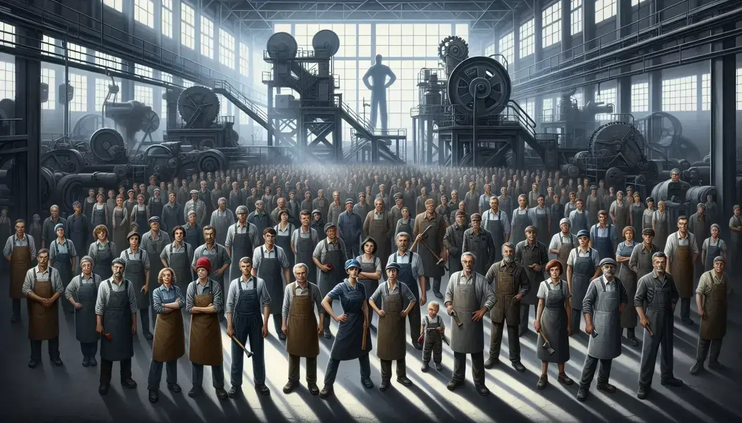 Gruppo di operai in tute e grembiuli con attrezzi manuali in fabbrica, uniti in semicerchio, esprimono determinazione sotto luce naturale.