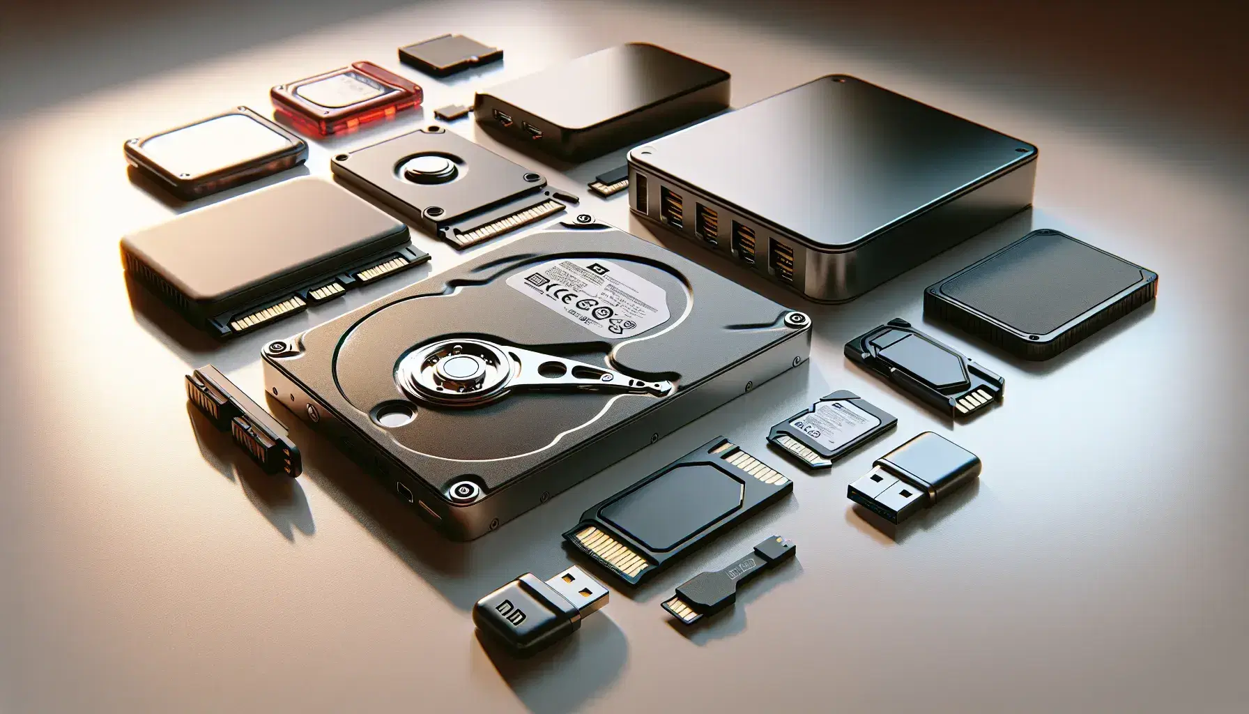 Varios dispositivos de almacenamiento informático sobre superficie clara, incluyendo disco duro interno, SSD, memorias USB de colores y tarjetas SD con adaptador.