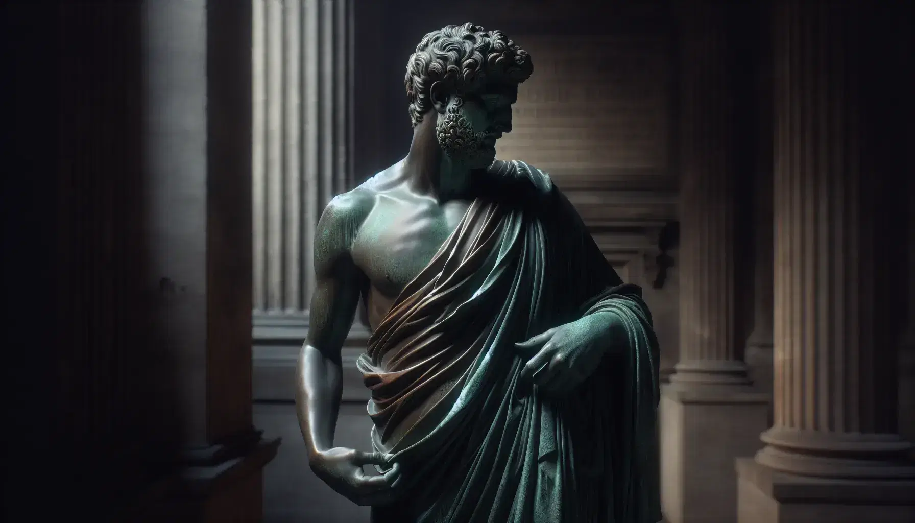Statua in bronzo di uomo in piedi con toga, espressione seria, mano destra alzata, su piedistallo in contesto esterno.