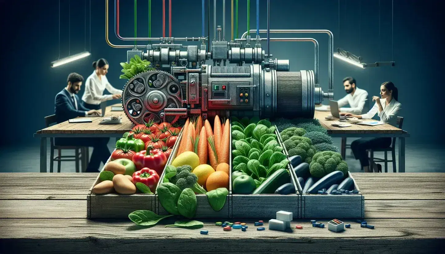 Composición fotográfica de sectores económicos con frutas y verduras frescas en primer plano, maquinaria industrial al centro y persona con tecnología de oficina al fondo.