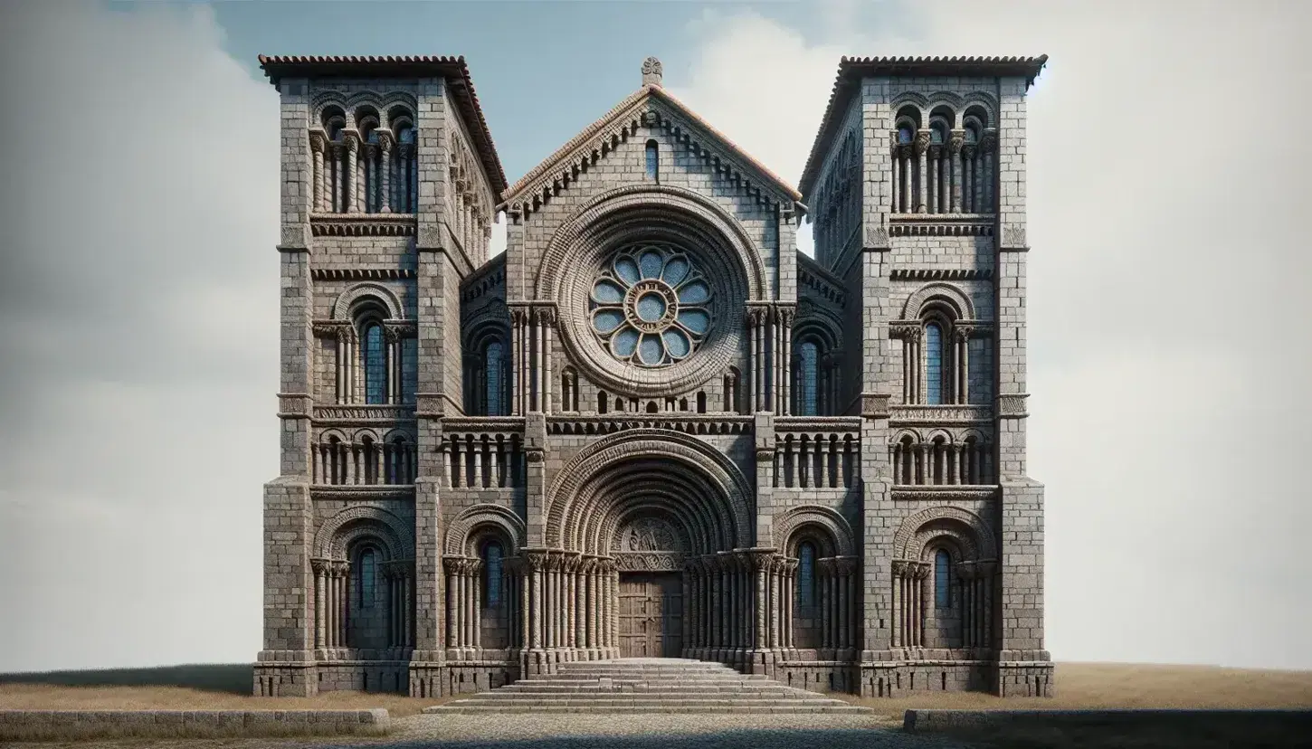 Vista frontal de iglesia románica con paredes de piedra, portal con arquivoltas, rosetón central, ventanas alargadas y dos torres con tejados piramidales.