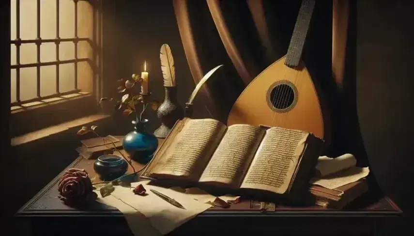 Scrivania rinascimentale in legno scuro con libro aperto, penna d'oca in calamaio blu, rosa appassita e liuto sullo sfondo.