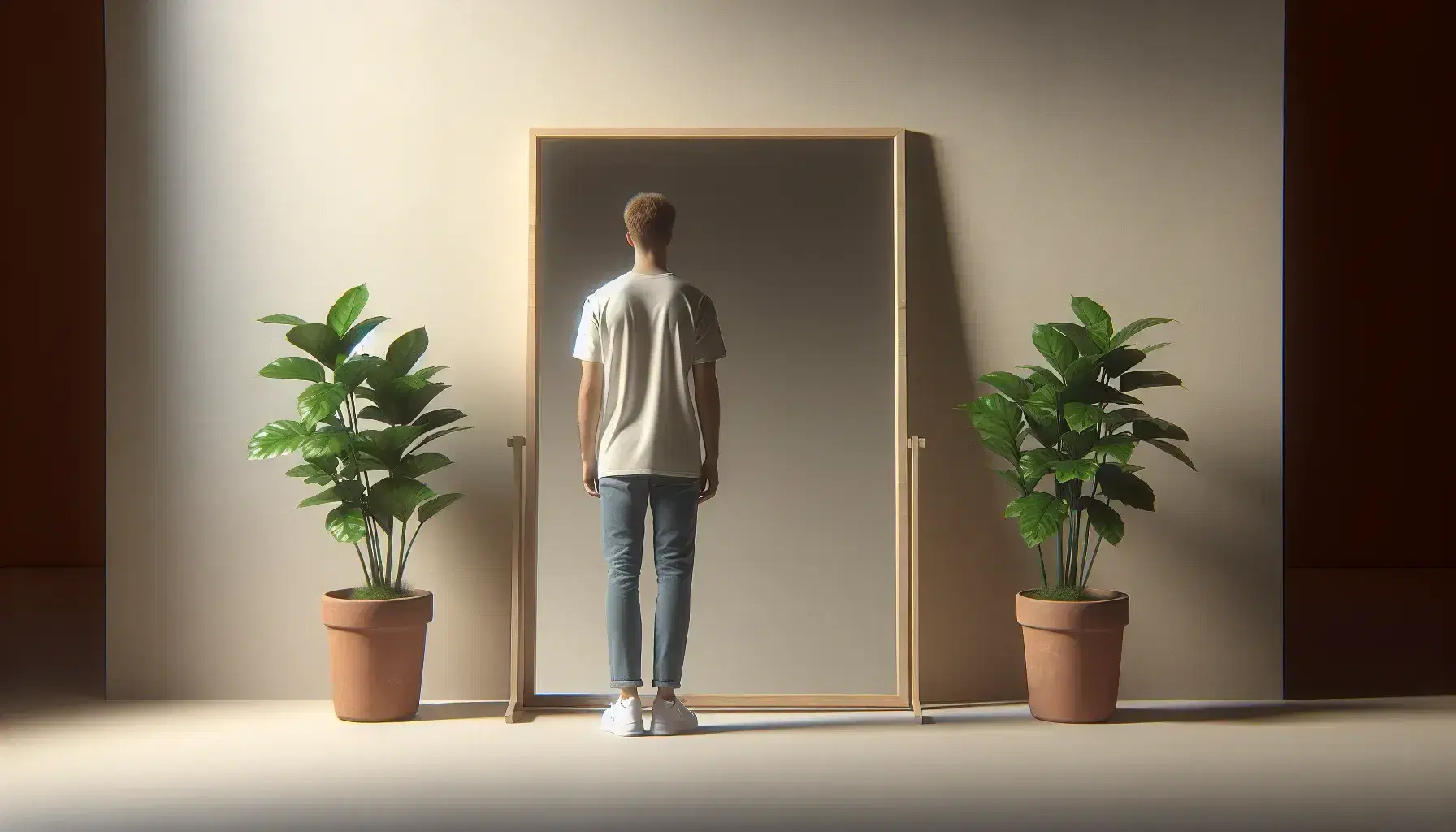 Persona de espaldas frente a espejo de marco de madera claro con plantas verdes a los lados, reflejando un estilo de vida tranquilo y natural.