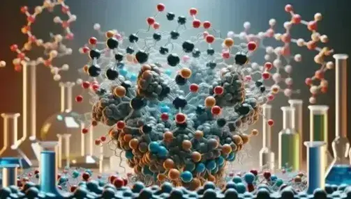 Three-dimensional molecular model of a MAPK enzyme with colored spheres representing different atoms, on a blurred laboratory background.