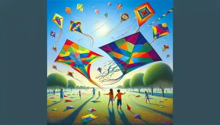 Aquiloni colorati a forma di poligoni volano in cielo con bambini che li tengono da un prato fiorito in una giornata soleggiata.