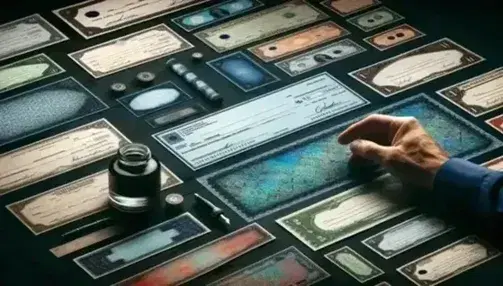 Mano maschile che sfiora titoli finanziari e assegno non compilato su tavolo scuro con calamaio e penna stilografica.