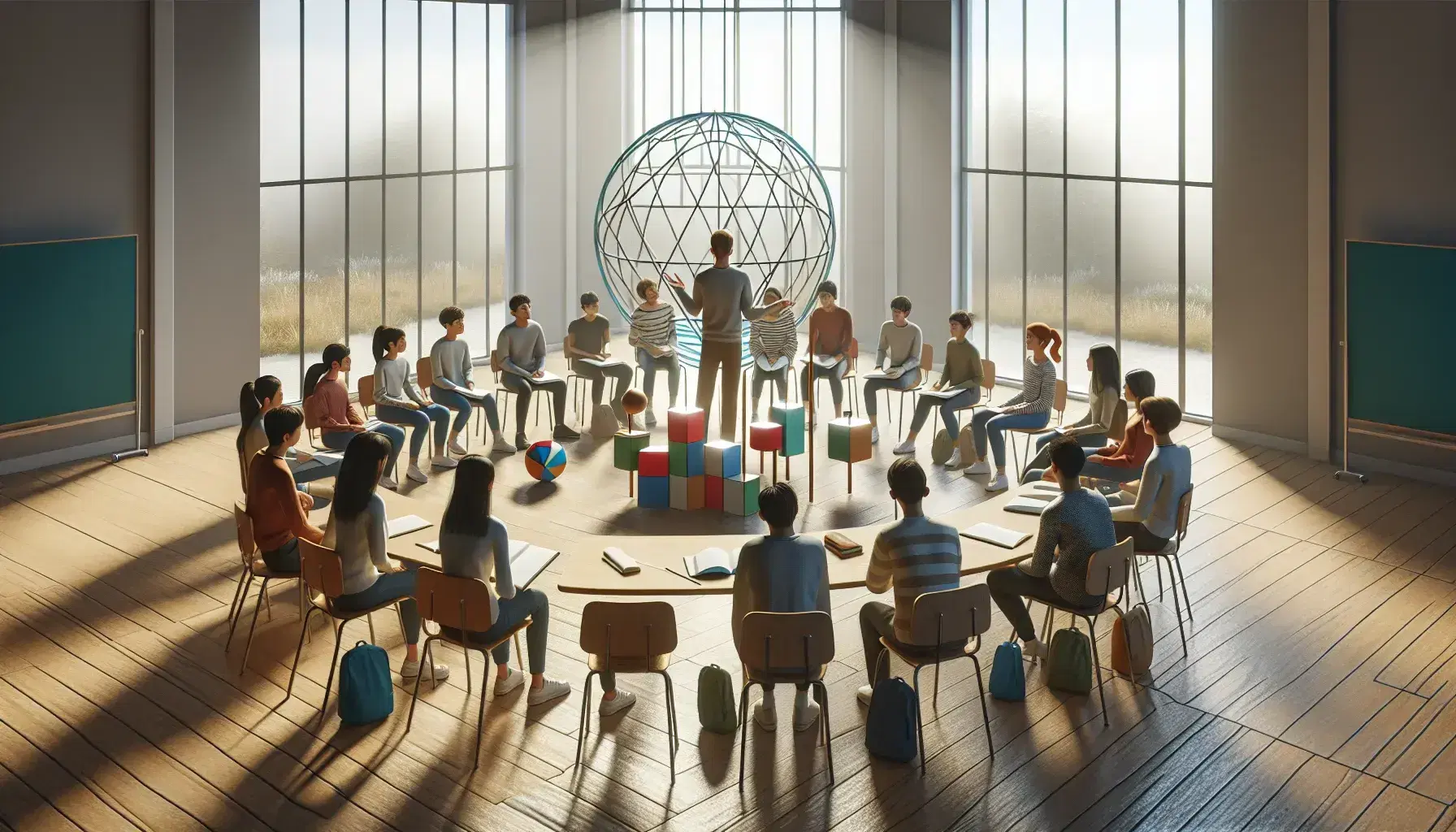 Grupo diverso de estudiantes atentos en clase, rodeando a un profesor que explica, con objetos educativos sobre una mesa en un aula iluminada naturalmente.