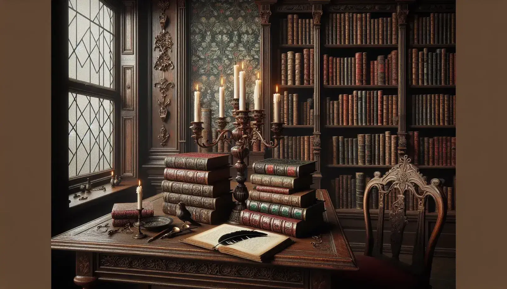 Biblioteca antigua con mesa de madera oscura, candelabro de bronce y libros de tapa dura, junto a una ventana con vitrales y estantería repleta.