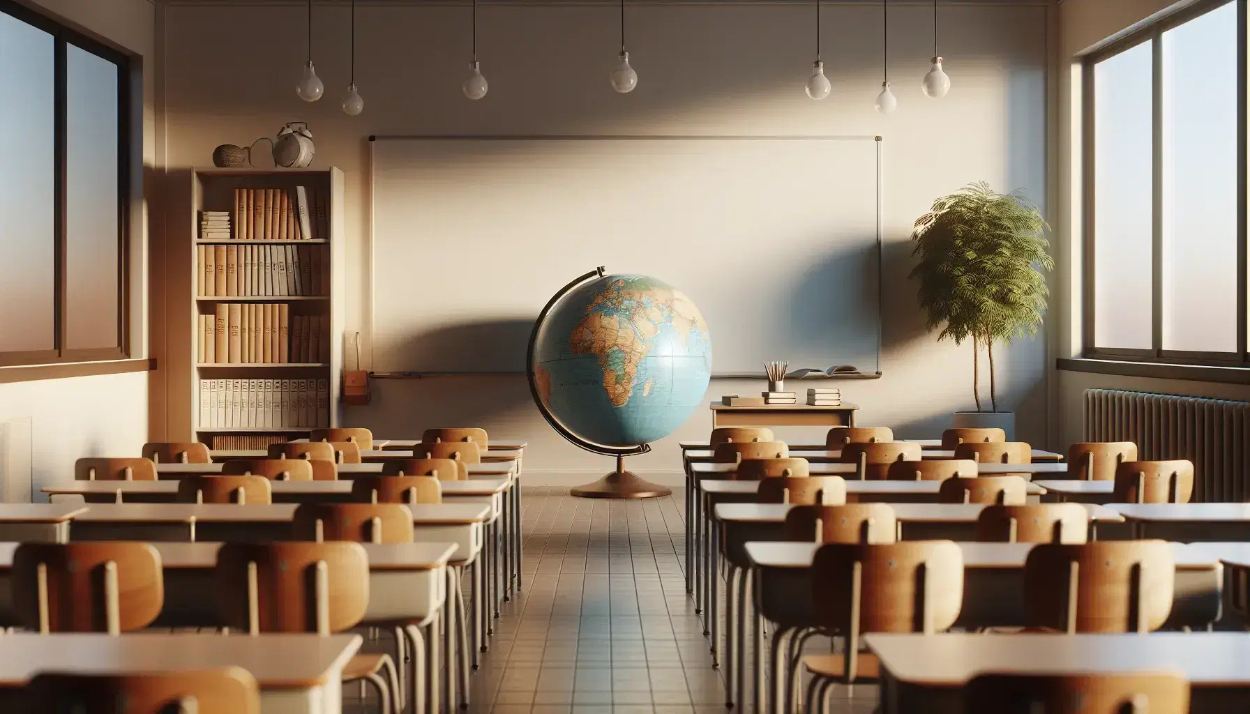 Aula escolar vacía con pupitres de madera en filas, globo terráqueo en un escritorio, pizarra blanca y estantería con libros, iluminada por luz natural.
