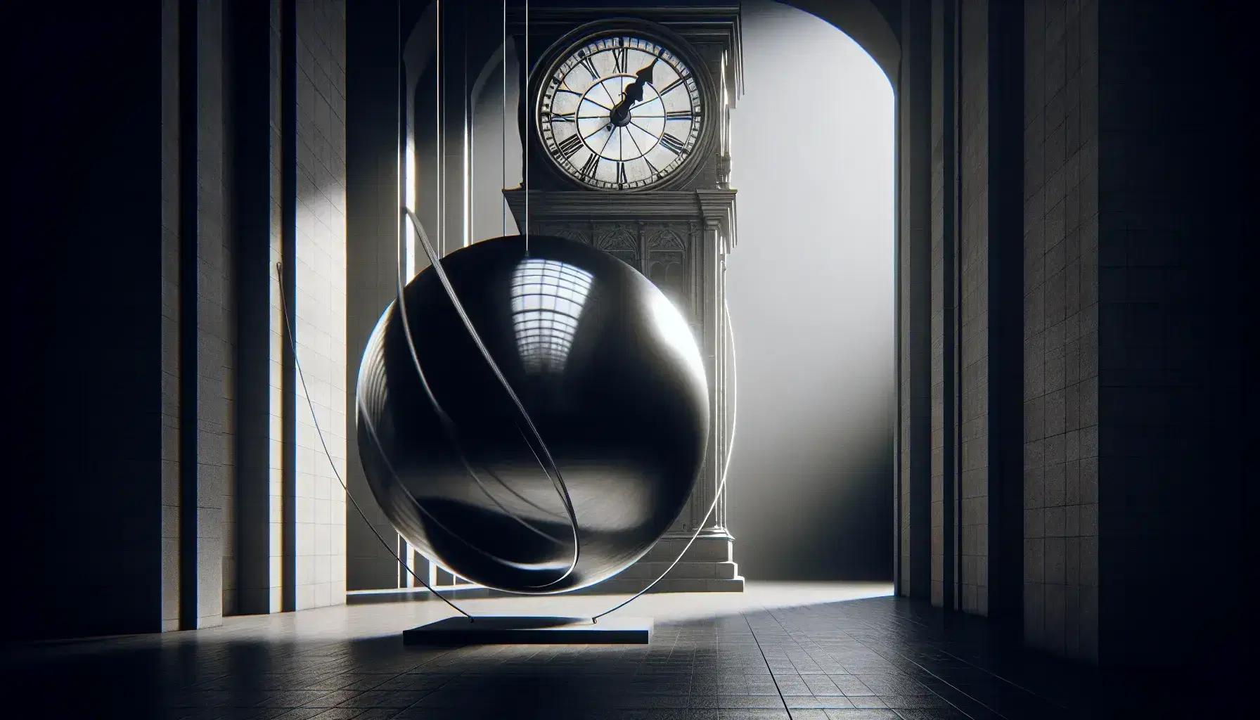 Pendolo sferico in movimento al punto più alto della traiettoria con sfondo di orologio senza numeri, illuminazione naturale e panchina in legno.