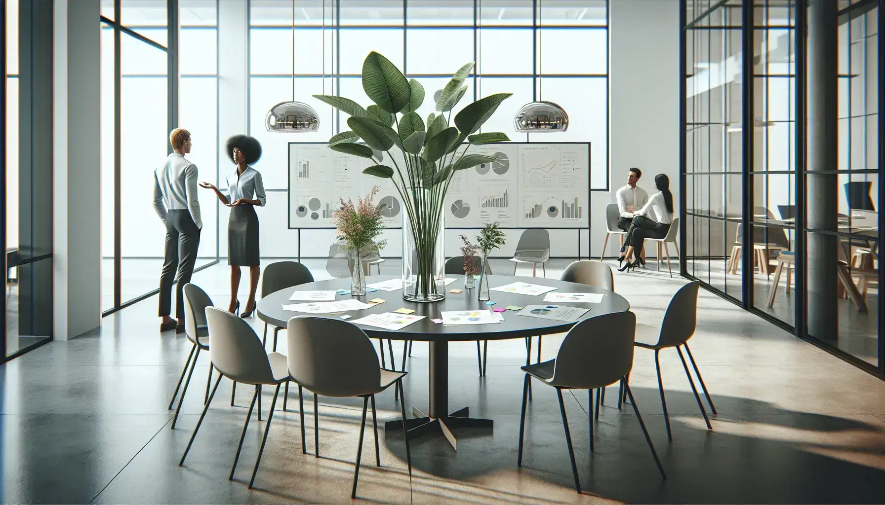 Modern open-space office with round table, papers, colorful post-its and green plant, two people in discussion, white board and tall window.