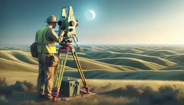 Surveyor with theodolite on tripod measures angles in grassy plain with hills in the background and blue sky with scattered clouds.