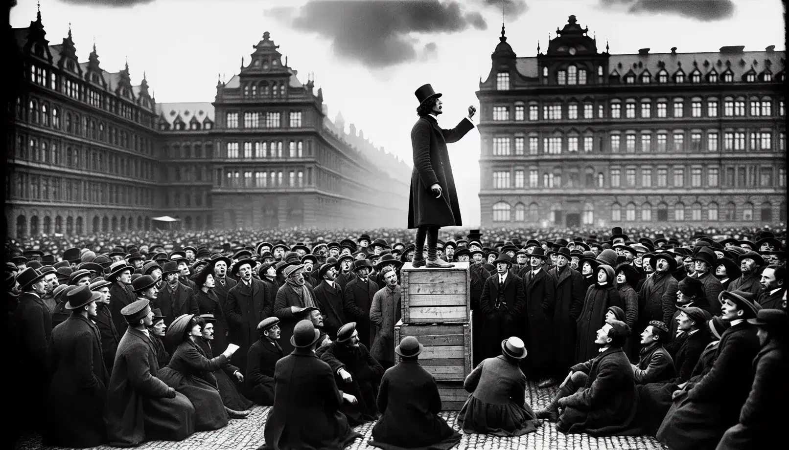 Folla attenta in piazza ascolta oratore su cassa di legno, gesti di protesta, edifici storici in sfondo, foto in bianco e nero post-Prima Guerra Mondiale.